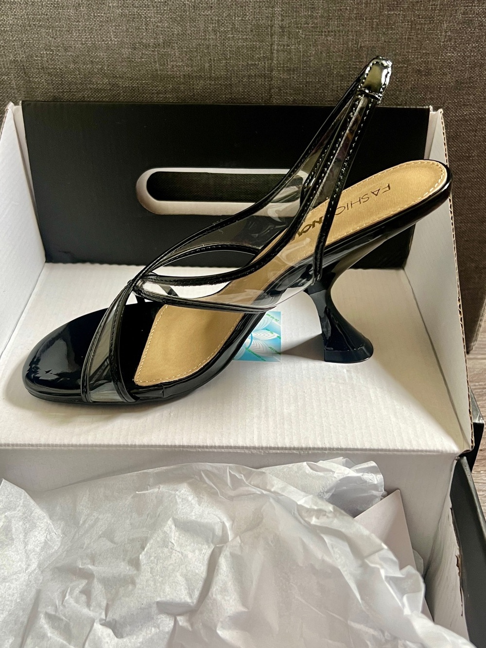 Fashion Nova Black Patent Slingback Sculpted Heel Sandals
